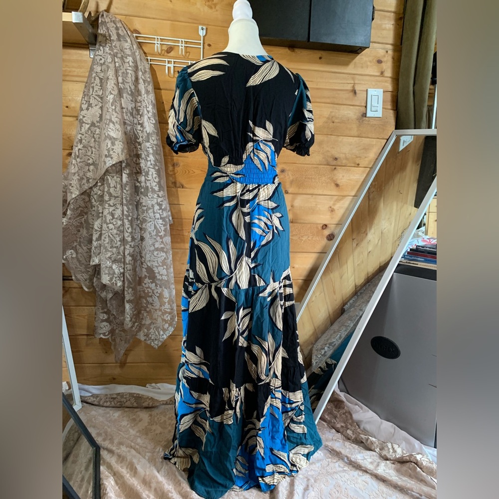 Linen Tropical Tiered Maxi Dress Prairie Romantic Vacation Resort Luxe Size 10 - Picture 9 of 15